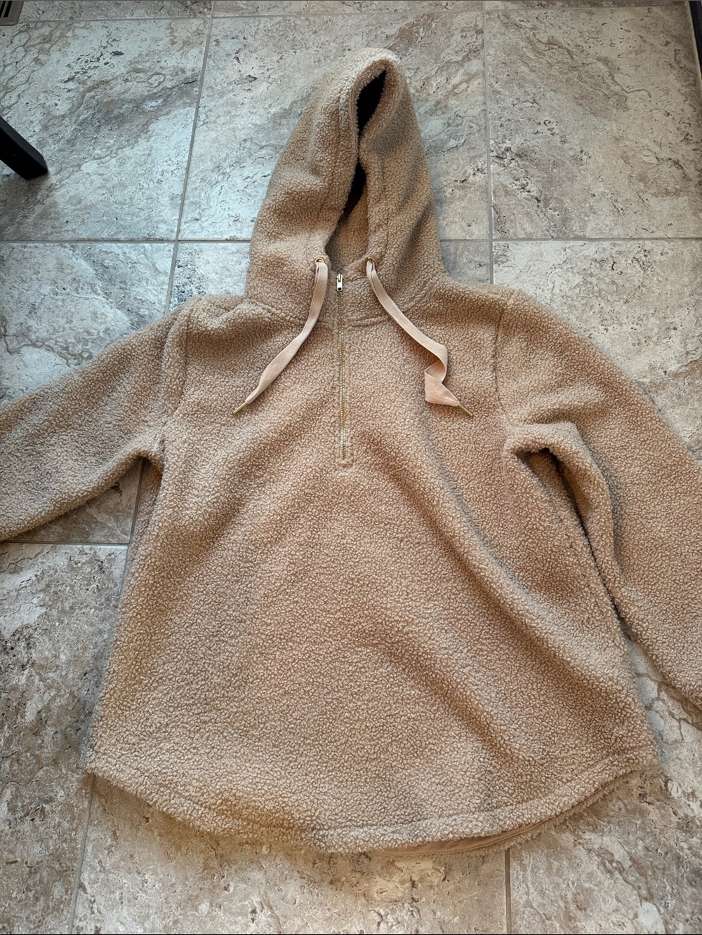 LOFT Teddy Quarter-Zip Fleece Hoodie in Beige